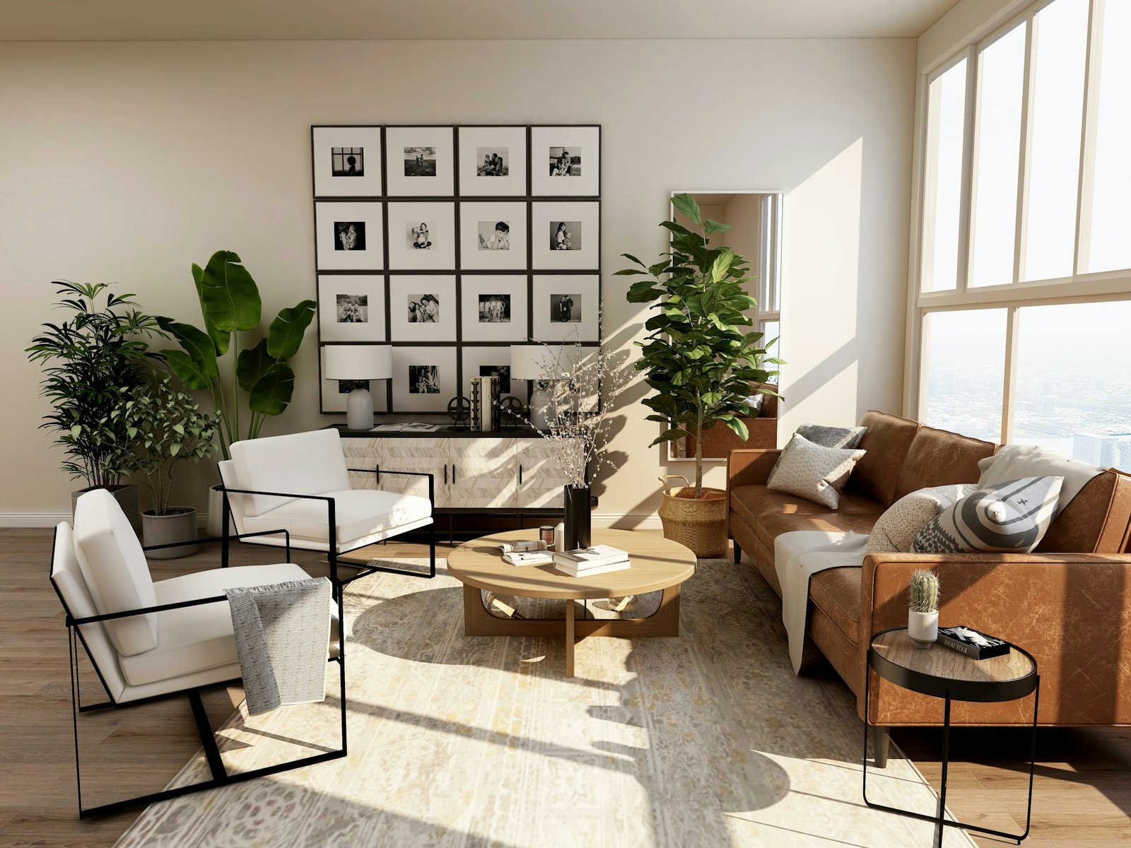 Light-filled living room with neutral painted walls and natural textures